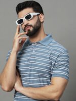 Men Striped Polo Neck Cotton Blend Beige T-Shirt