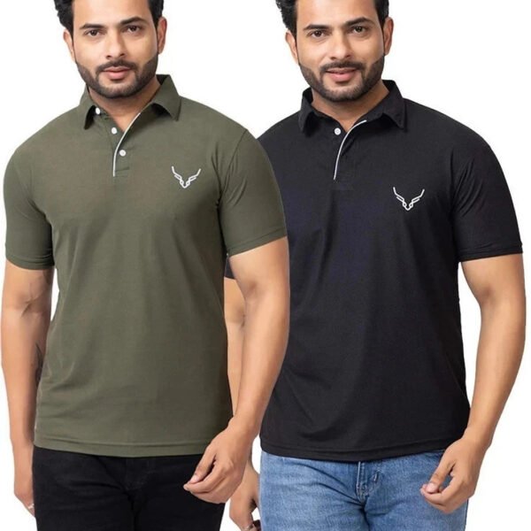 Pack of 2 Men Solid Polo Neck Polycotton Green, Black T-Shirt