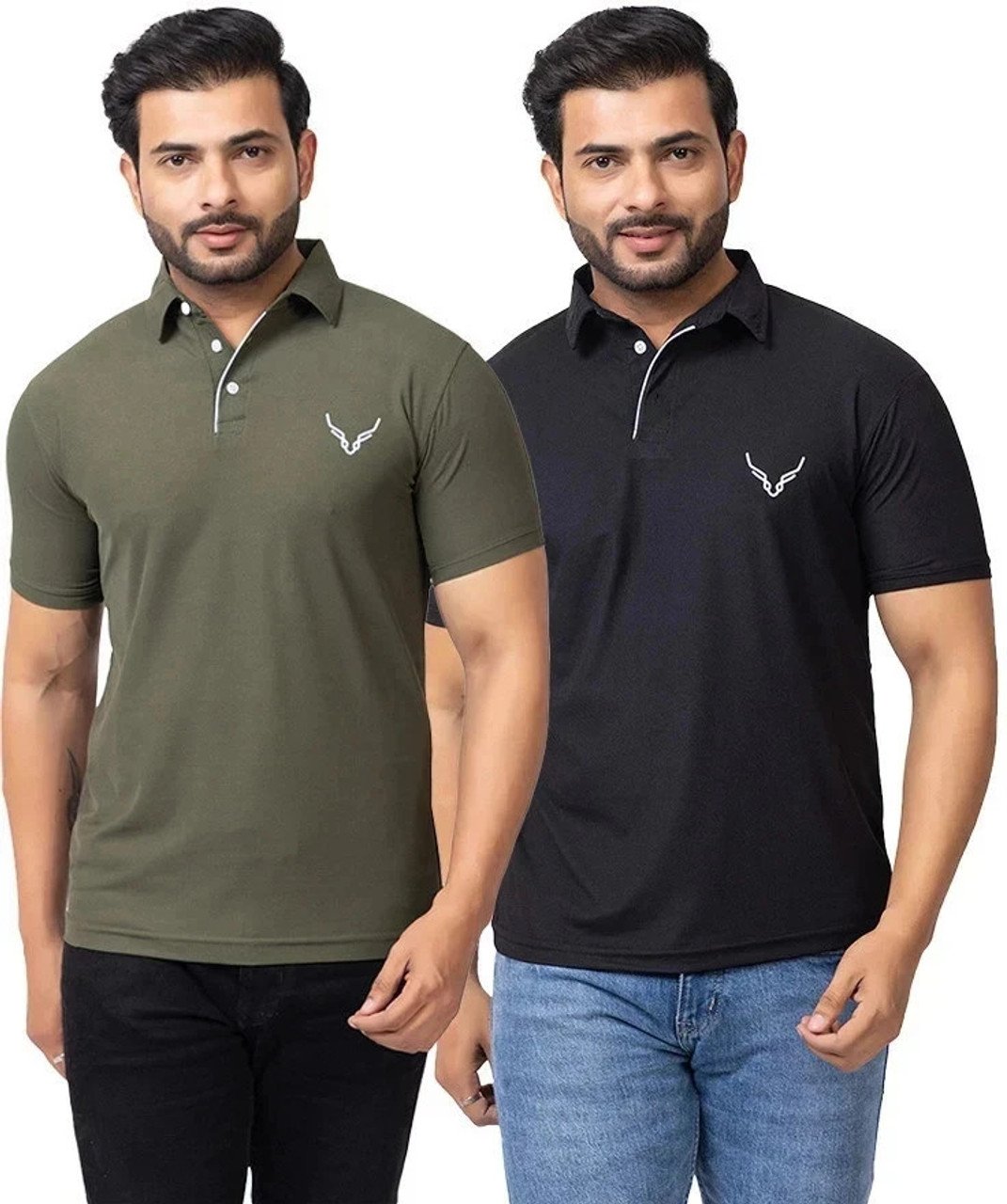 Pack of 2 Men Solid Polo Neck Polycotton Green, Black T-Shirt - Image 1