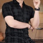 Men's Checked Regular Spread Collar Black Shirts