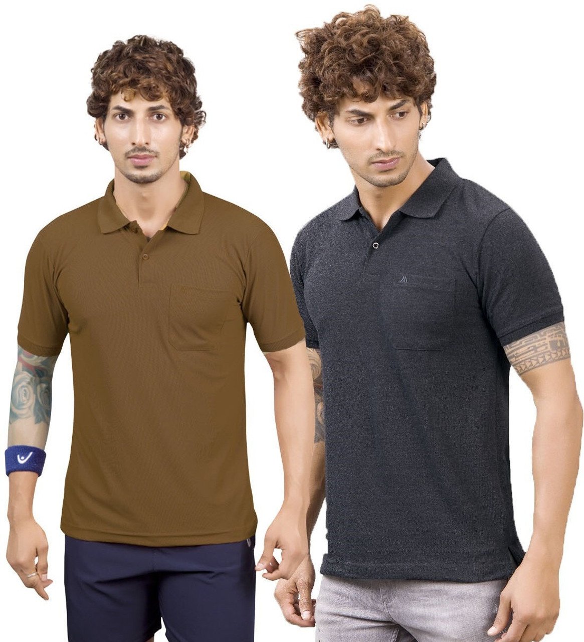 m2hit__Pack_of_2_Men_Solid_Polo_Neck_Cotton_Blend_Beige__Black_T_Shirt_1 Pack of 2 Men Solid Polo Neck Cotton T-Shirt - Image 1