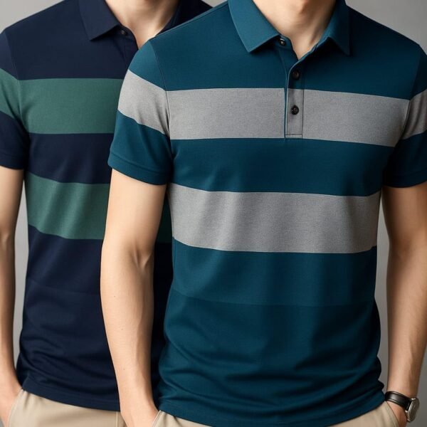 Striped Polo T-Shirt Pack of 2 | Regular Fit Cotton Blend Half Sleeve Collar T-Shirts | Comfortable & Breathable Fabric | Casual, Polo for Men