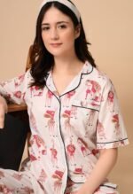 Women Night Suit Set White, Pink Printed