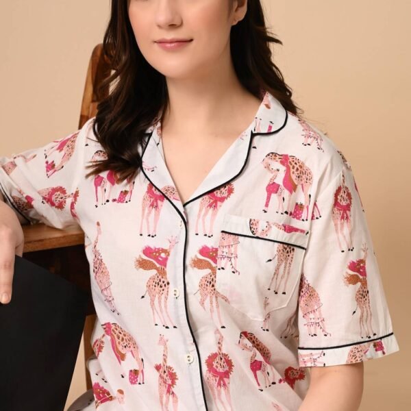 Women Night Suit Set White, Pink Printed