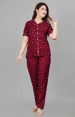 Women Night Suit Set Maroon Printed - Image 4