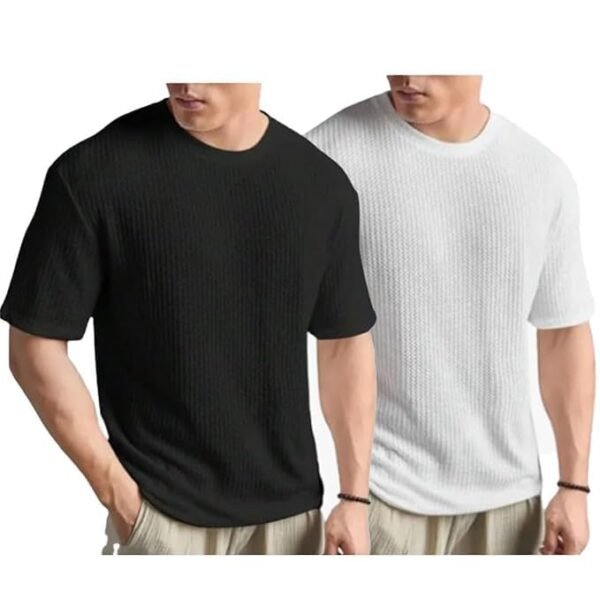 Mens Branded Half Sleeve Cotton Polyster Solid Popcorn Waffle T-Shirt for Mens Round Neck Popcorn Branded Tshirt for Men & Boys (Pack of 2)