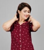 Women Night Suit Set Maroon Printed