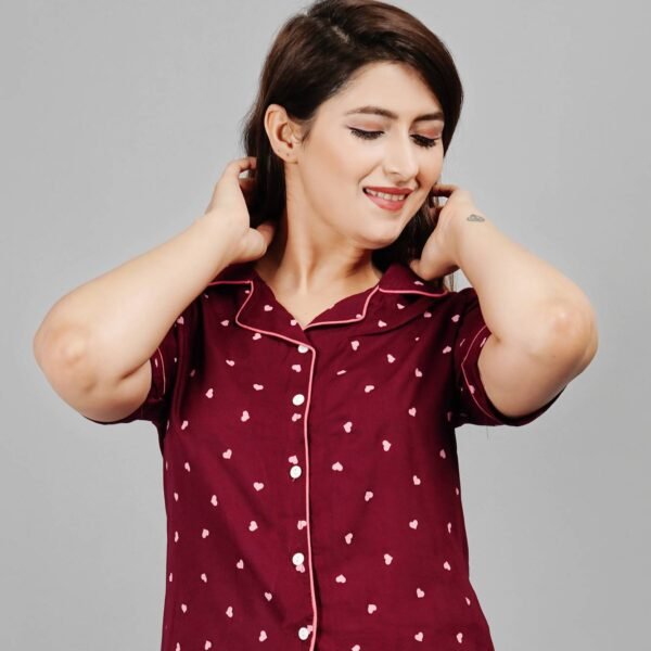 Women Night Suit Set Maroon Printed